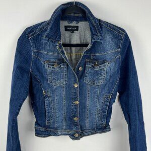New Look Kids Jean Jacket Size L Blue Denim Long Sleeves Pockets Cotton Spandex